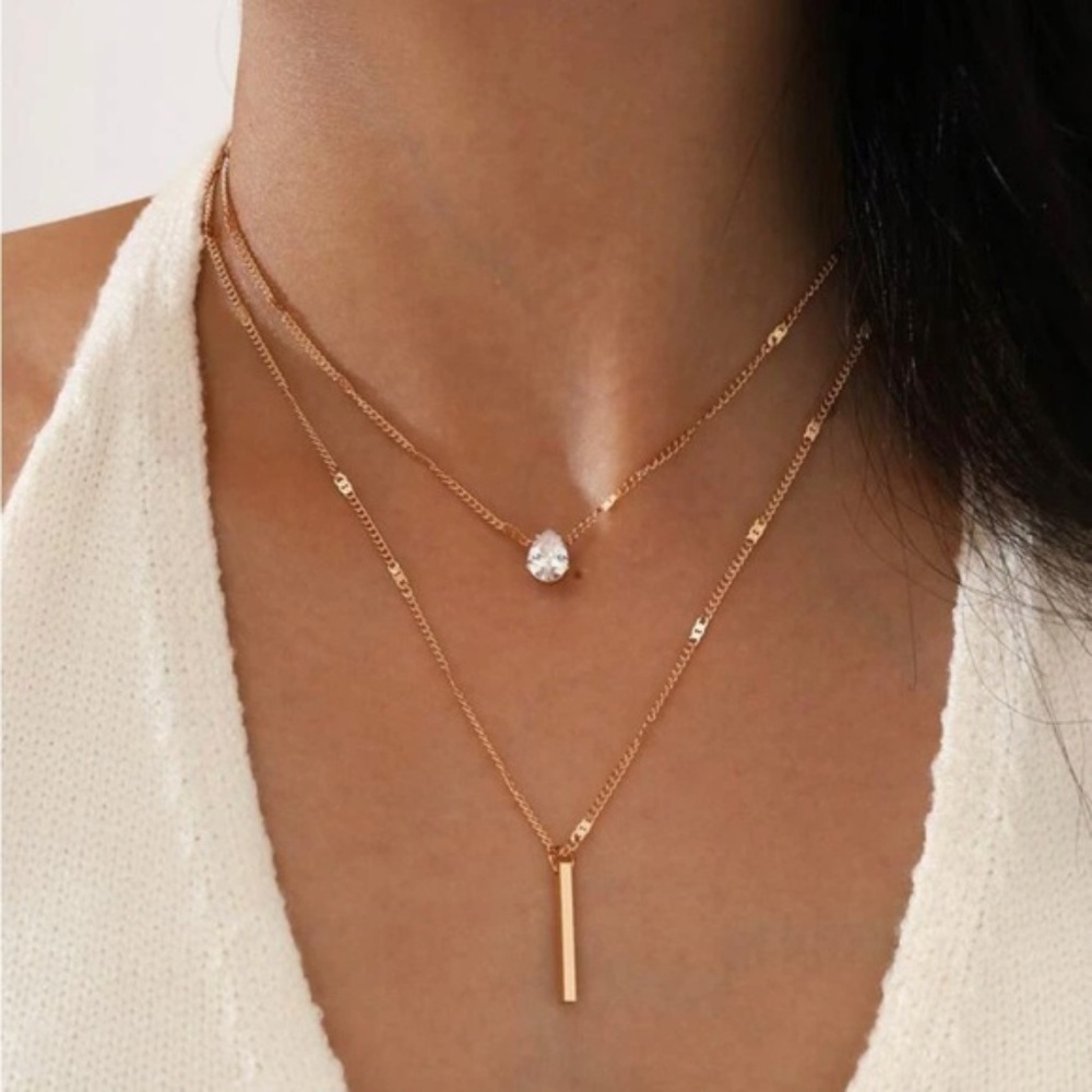 Gold 2pc Rhinestone Bar Chain Necklace